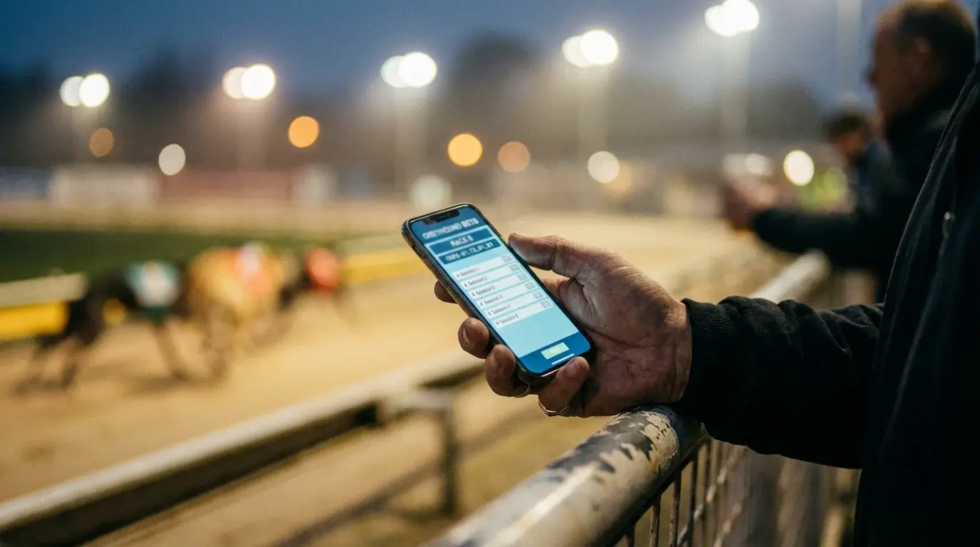Punter checking greyhound racing odds on a mobile phone at a UK dog track