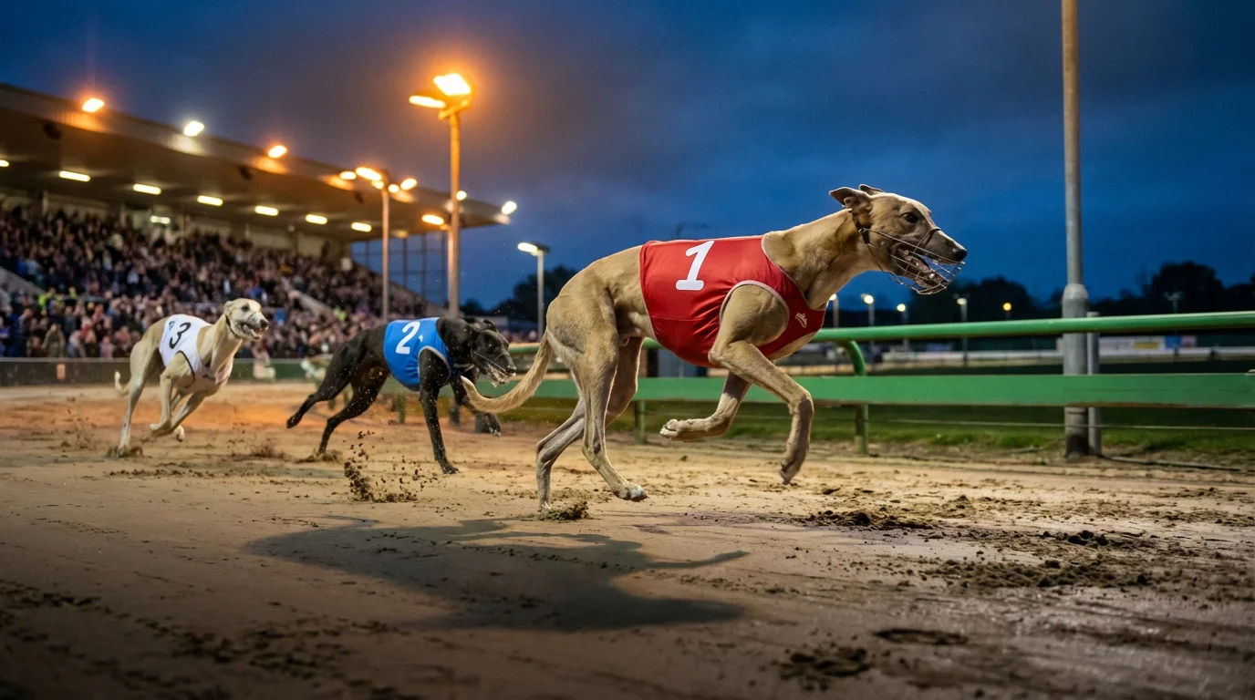 Greyhounds racing out of the traps at a UK greyhound stadium under floodlights