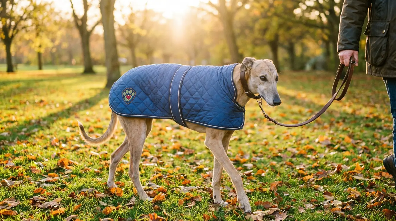 Retired greyhound wearing a rehoming charity coat being walked in a park