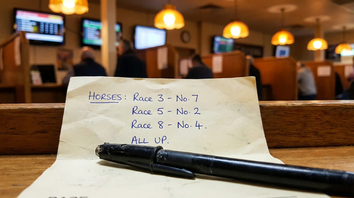 Betting slip with multiple greyhound race selections marked for an accumulator