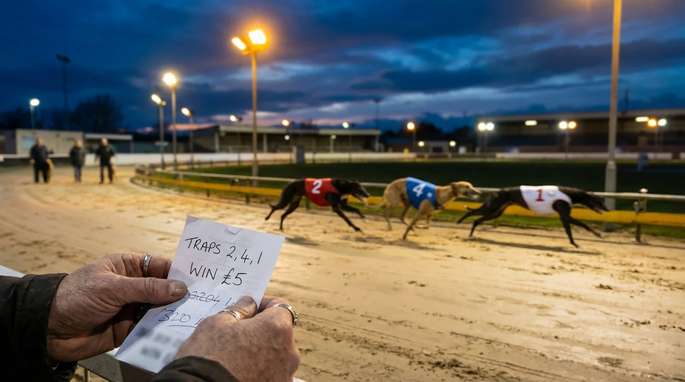 Punter holding a betting slip at a greyhound track with dogs racing in the background