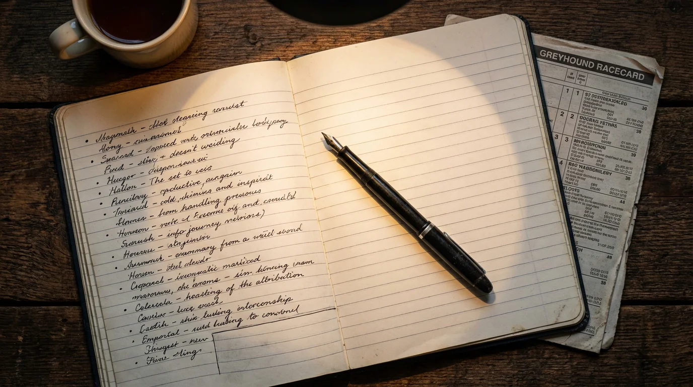 Open notebook with greyhound racing terminology and a pen on a wooden desk