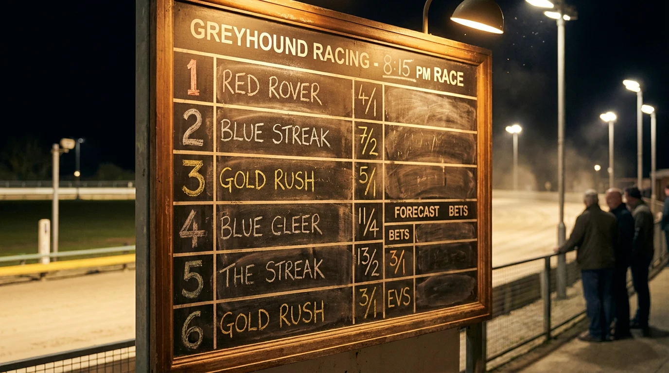 Bookmaker odds board displaying fractional greyhound racing prices at a UK track