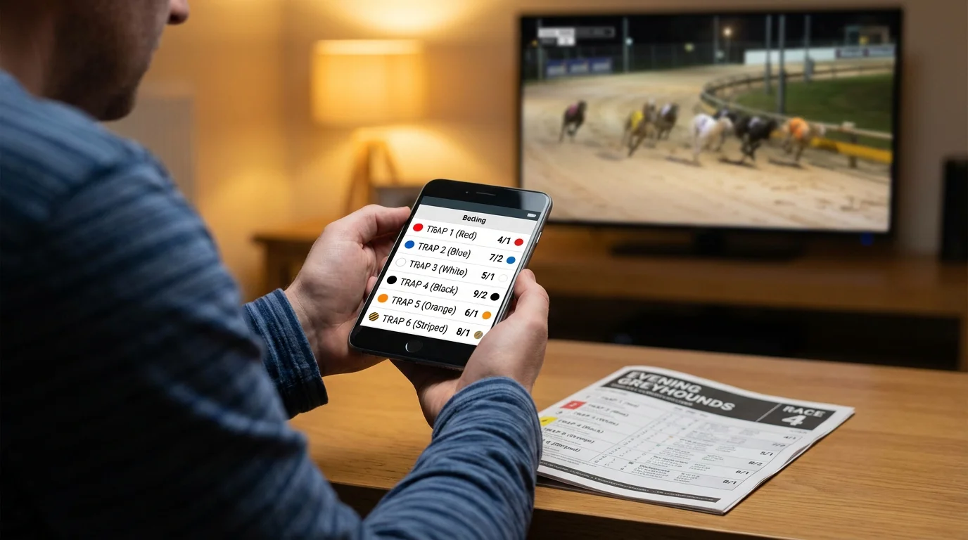 Person placing a greyhound bet on a mobile phone with a racecard in the background