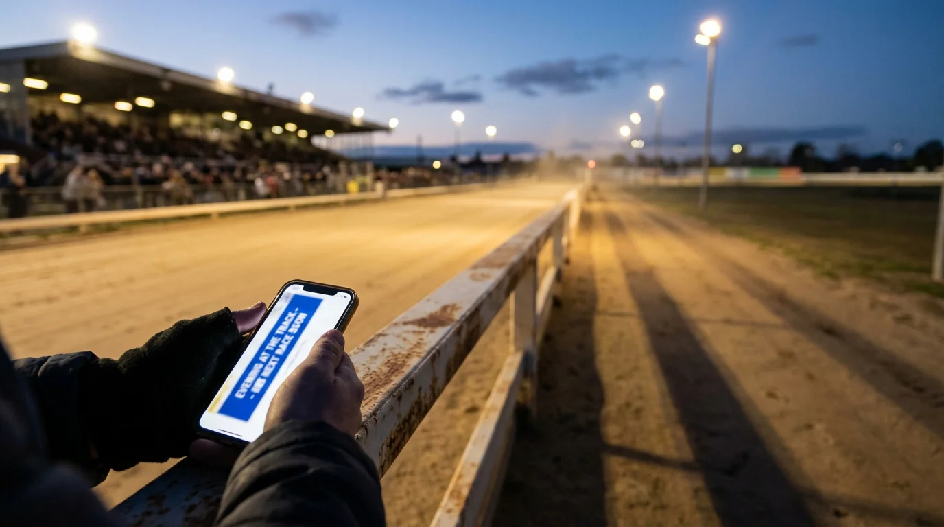 Promotional banner for greyhound racing free bets with a dog track in the background