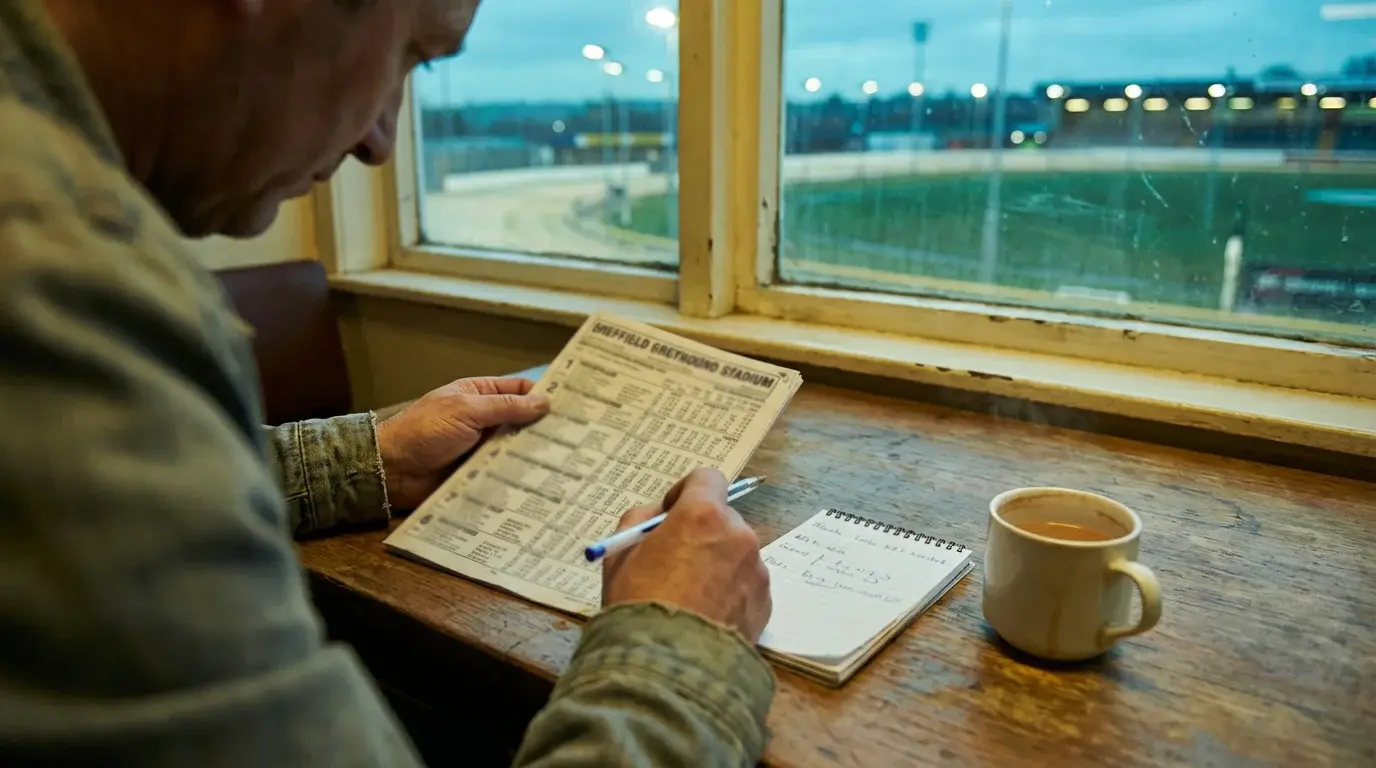 Person studying a greyhound racecard with a pen and notebook at a track