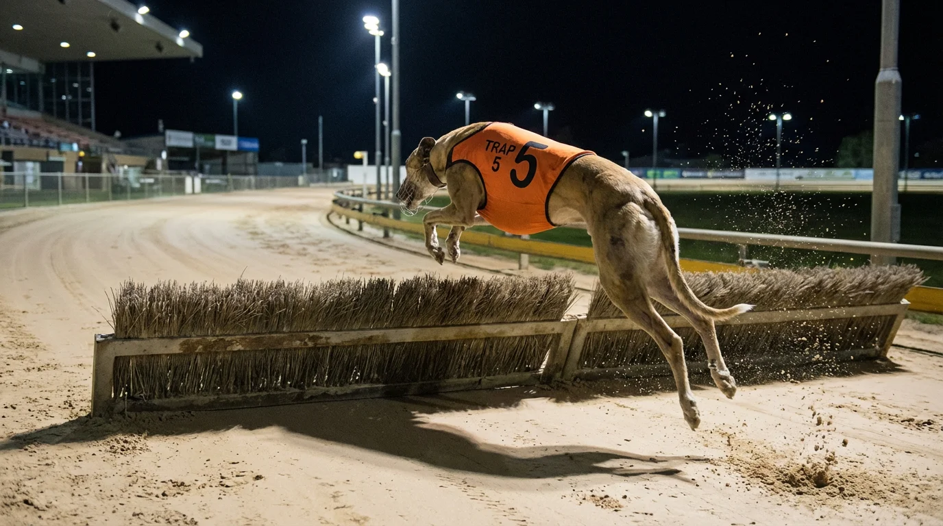 Greyhound leaping over a hurdle on a sand track during a hurdle race