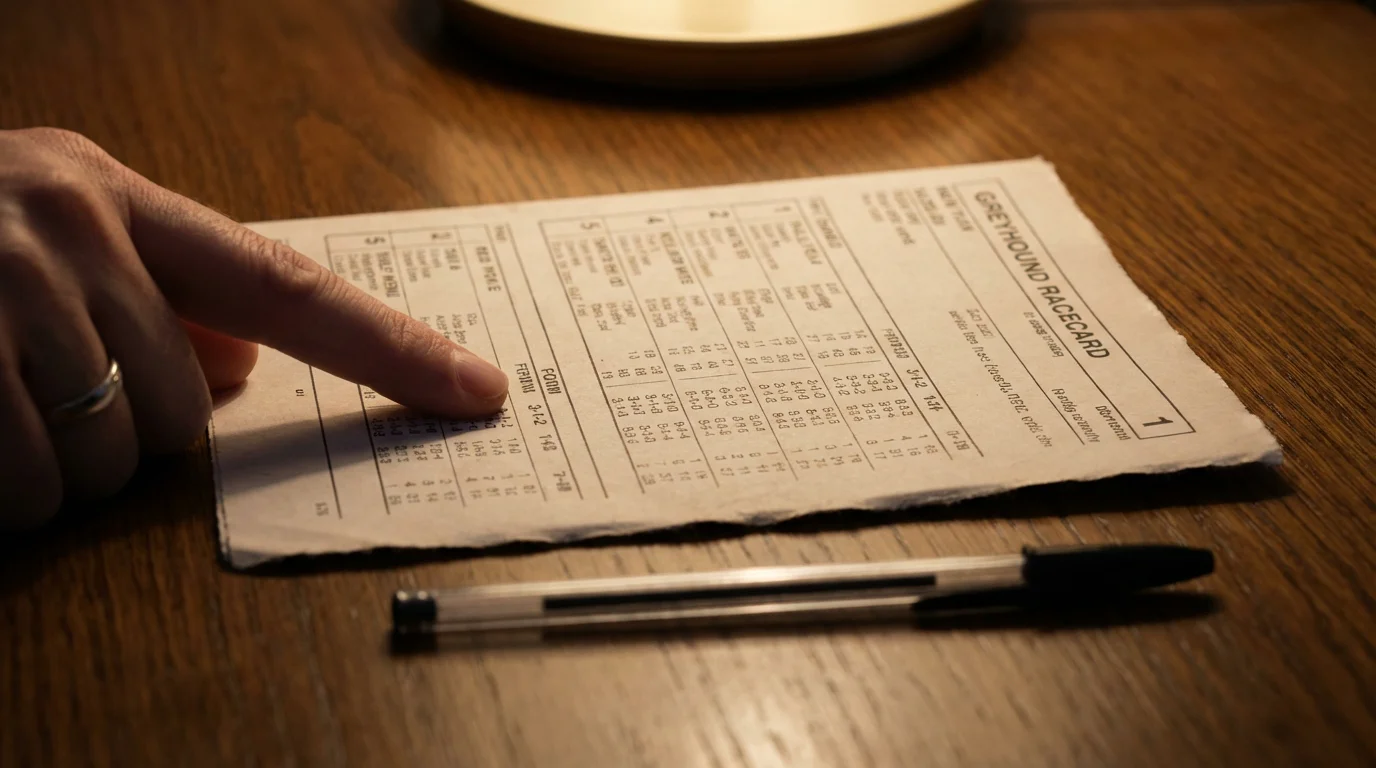 Close-up of a printed greyhound racecard showing trap numbers form figures and times