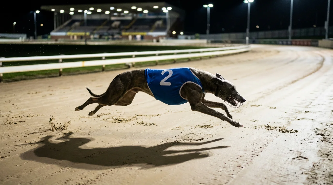 Greyhounds racing down the straight on a sand track at different distances