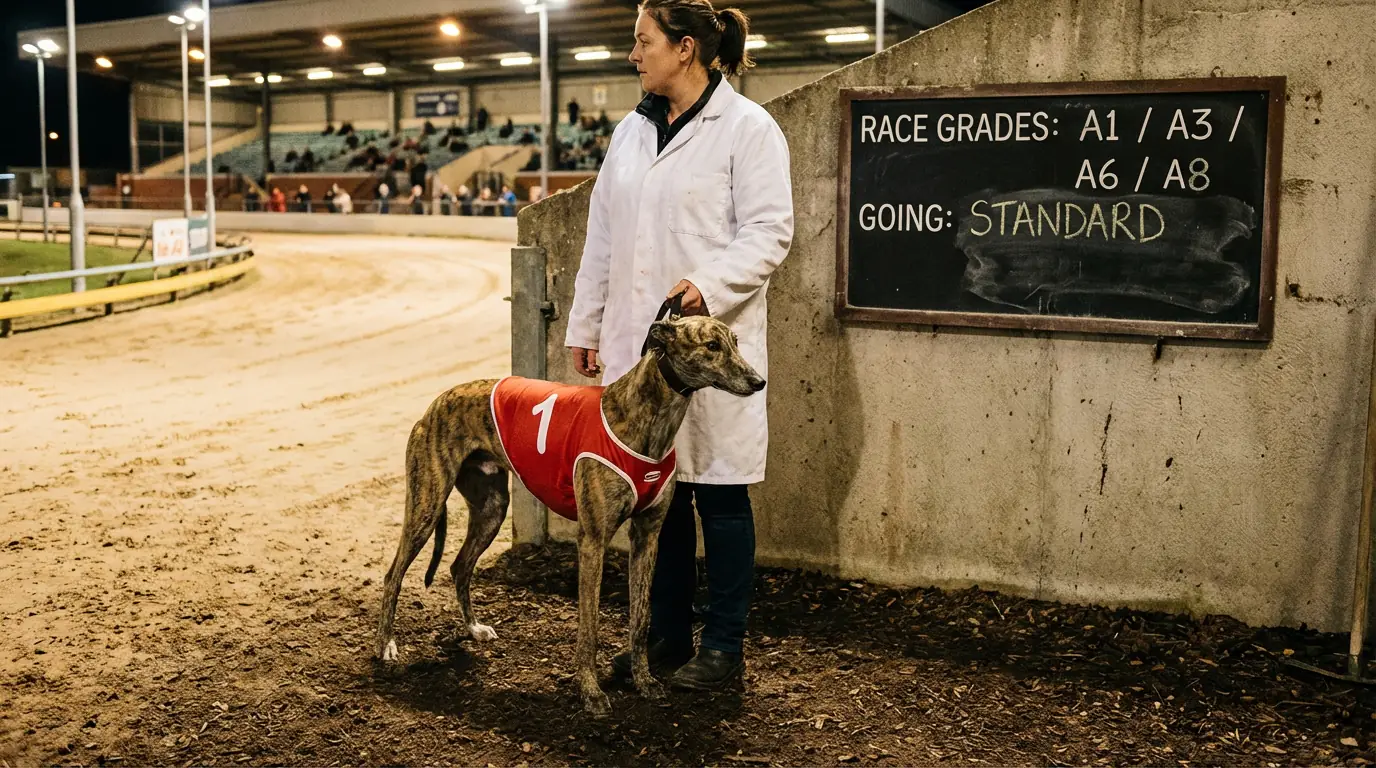 Greyhound racing grading classification board at a UK track