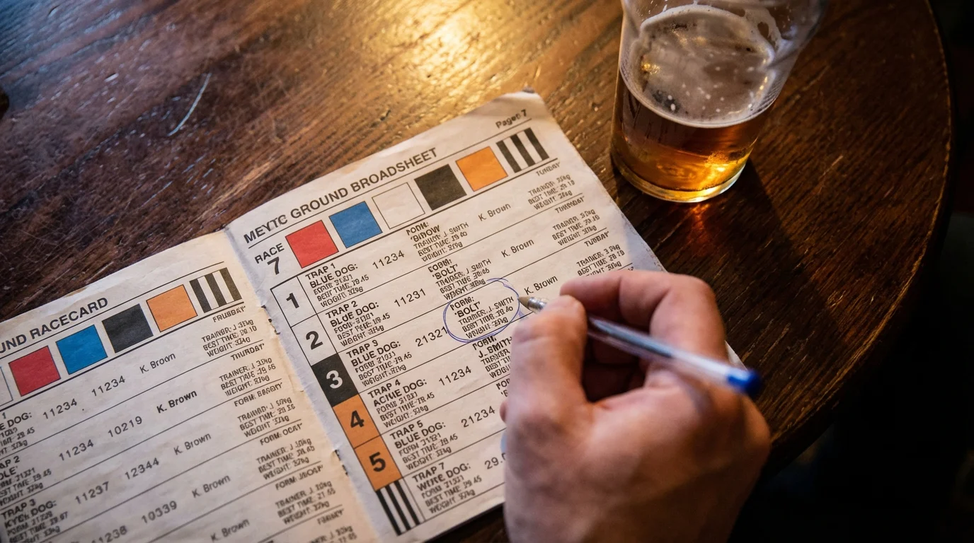 Close-up of a greyhound racecard showing form figures, trap numbers and race times