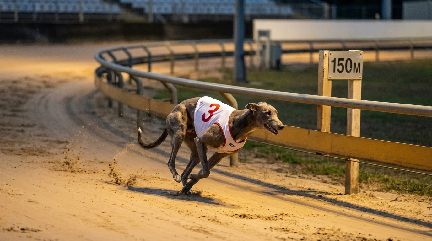 Greyhound sprinting past a timing marker on a UK sand track
