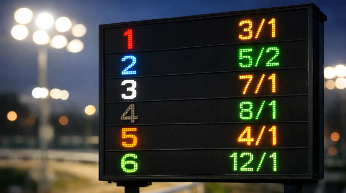 Bookmaker odds board at a greyhound track showing starting prices for an upcoming race