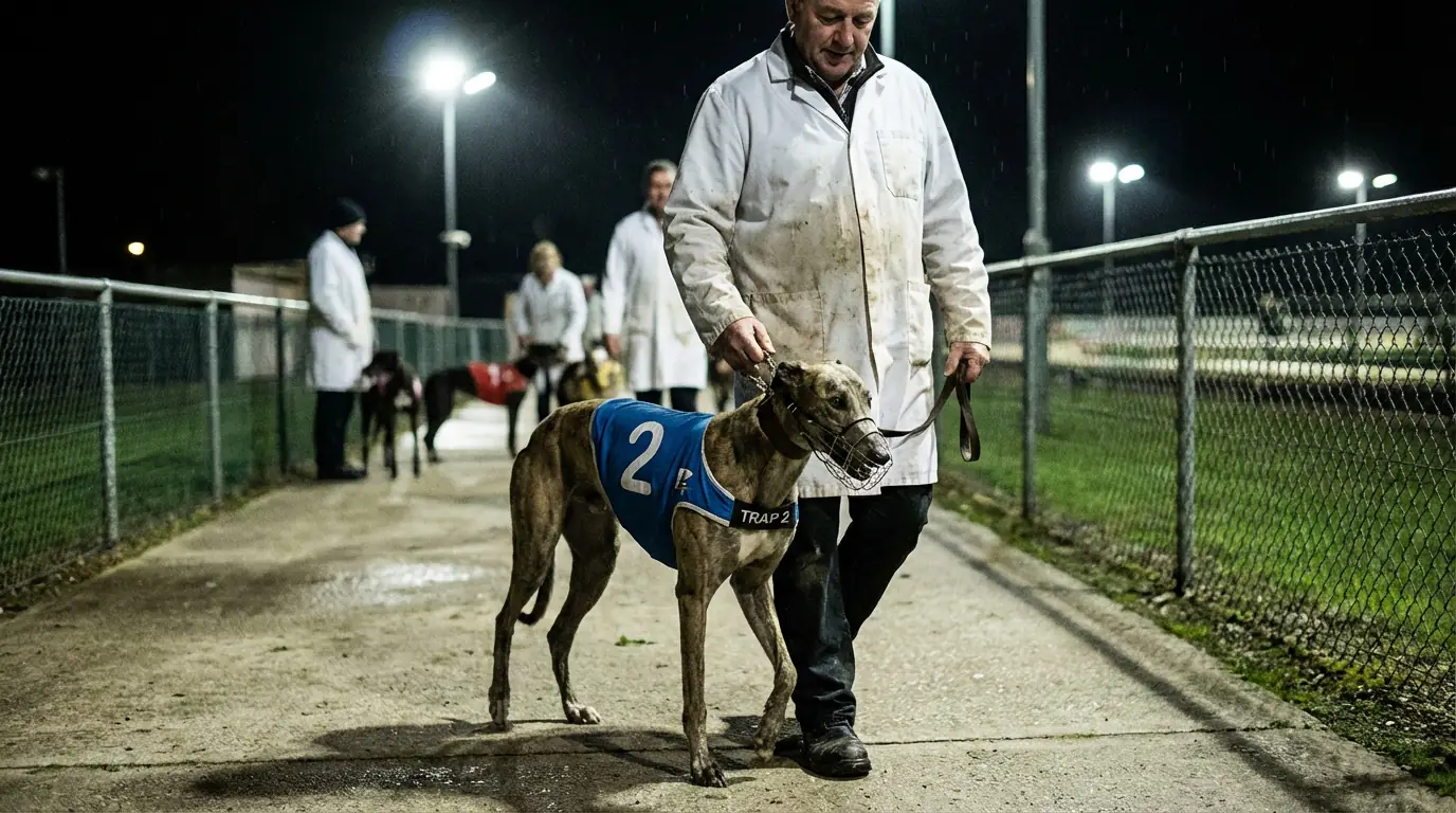 Greyhound trainer walking a racing dog in the paddock area before a race