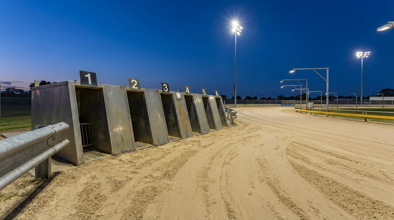 Row of six greyhound starting traps on a sand track viewed from track level