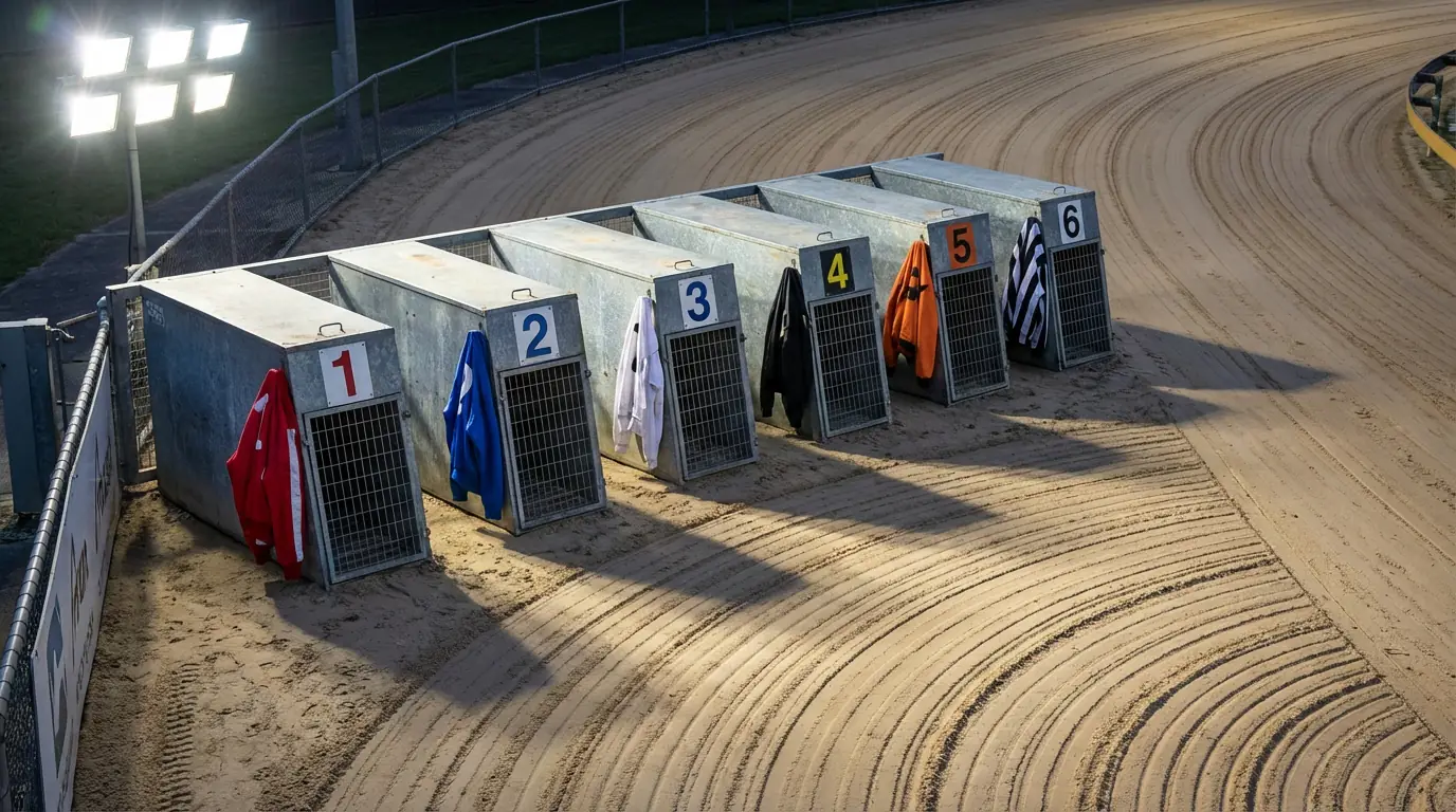 Six greyhound racing traps with coloured jacket assignments