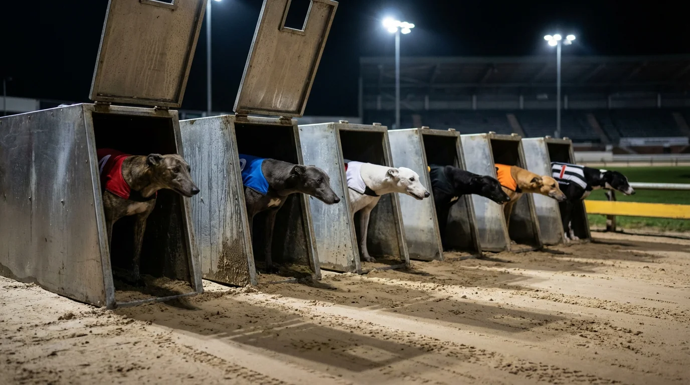 Six greyhounds in numbered racing jackets lined up in starting traps on a sand track