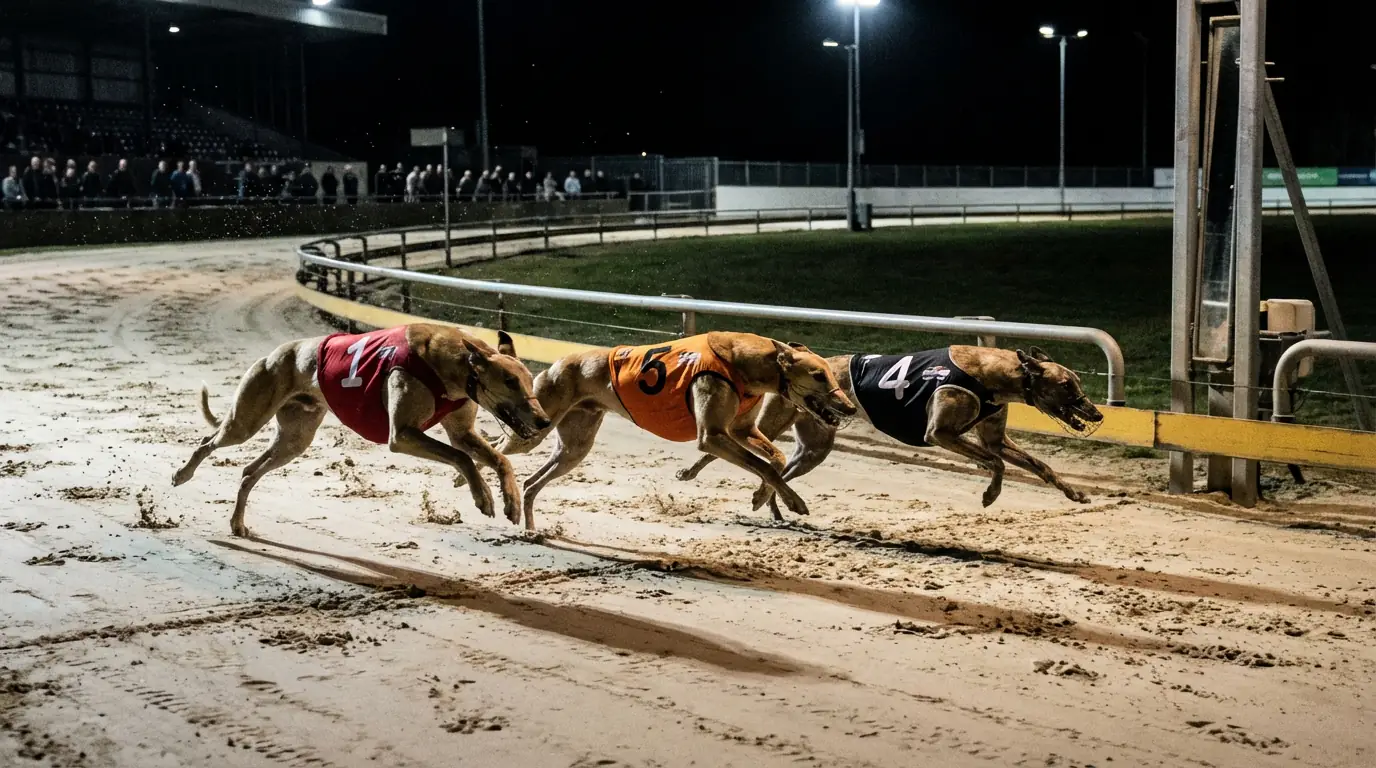 Three greyhounds crossing the finish line in close order at a UK track