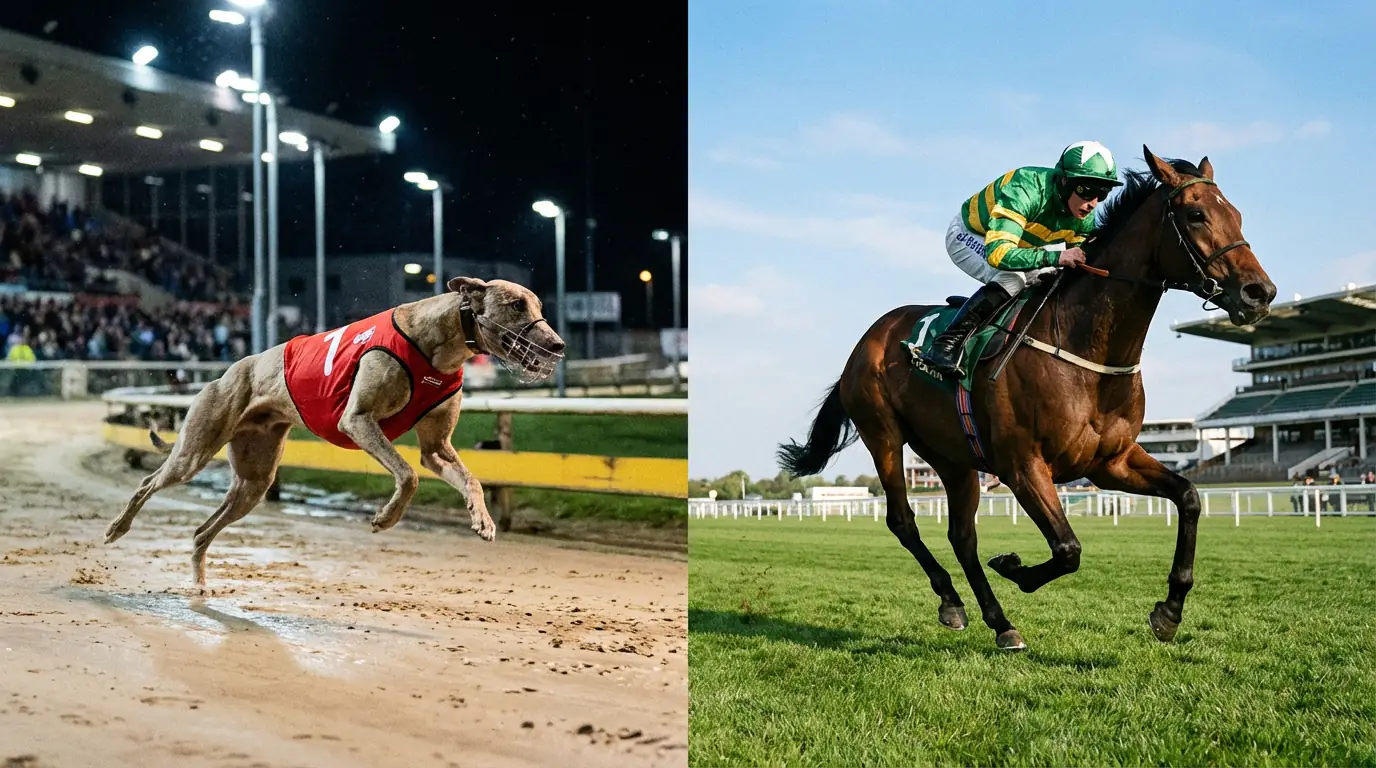 Split image of greyhounds racing on sand and horses racing on turf at UK tracks