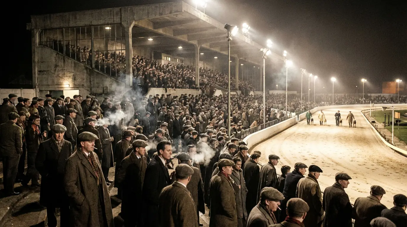 Historic black and white photograph of a packed greyhound stadium grandstand in Britain