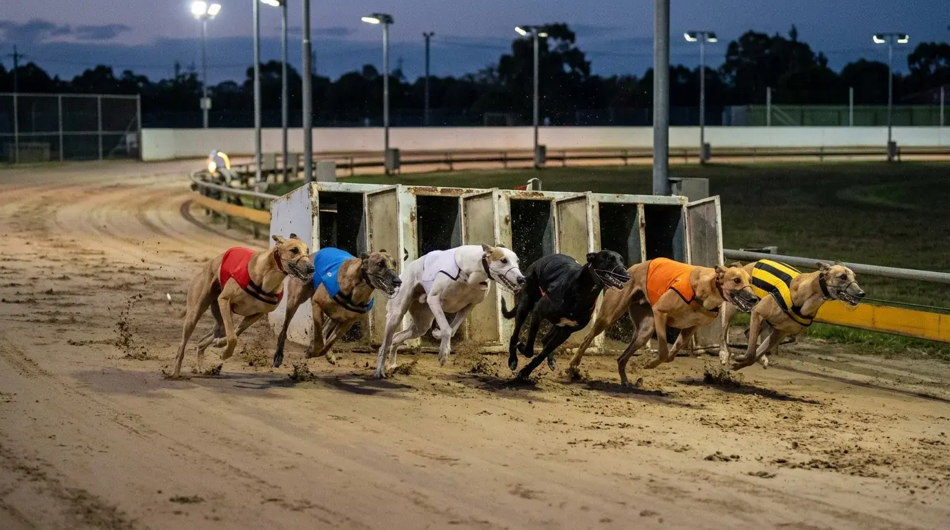 Greyhounds bursting from the starting traps at the beginning of a race