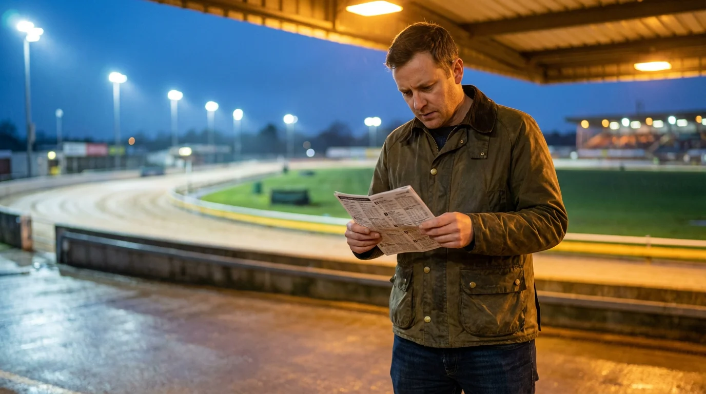 Greyhound racing betting guide showing a punter studying a racecard at a UK dog track
