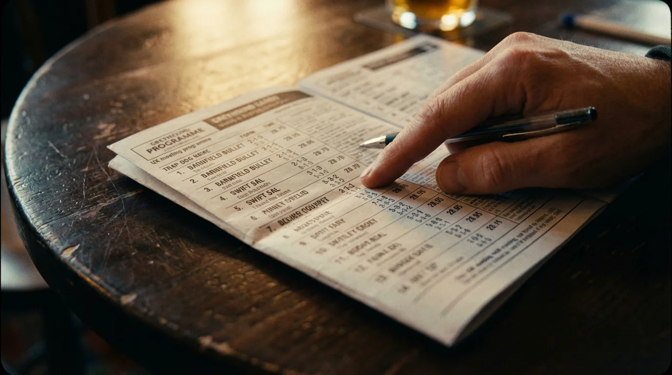 Close-up of a printed greyhound racecard with form figures and trap numbers highlighted