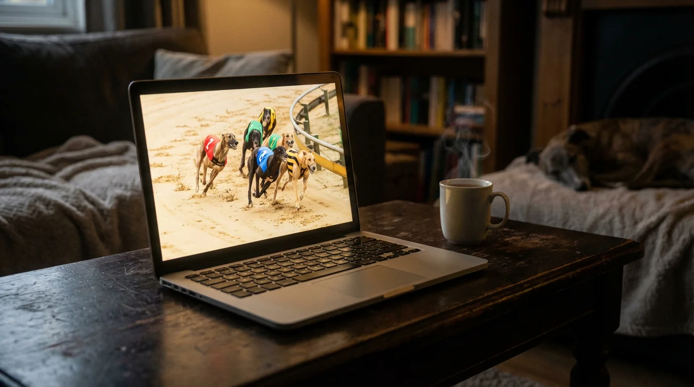 Laptop screen showing a live greyhound race stream with dogs rounding the bend