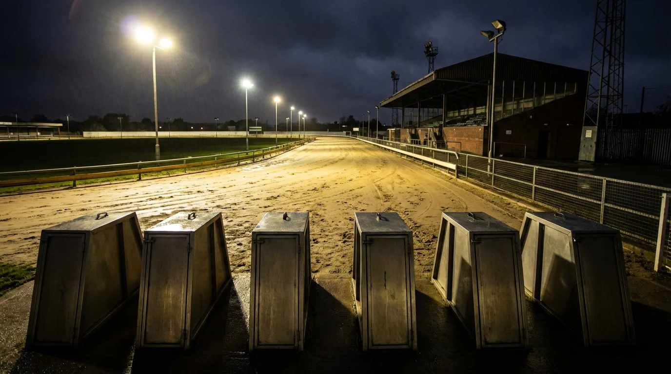 Monmore Green greyhound stadium in Wolverhampton under floodlights during a race meeting