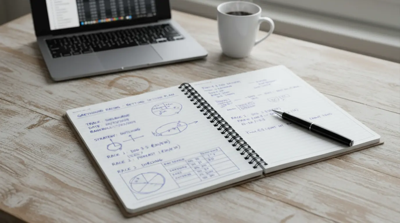 Notebook with a written betting session plan next to a pen on a wooden desk