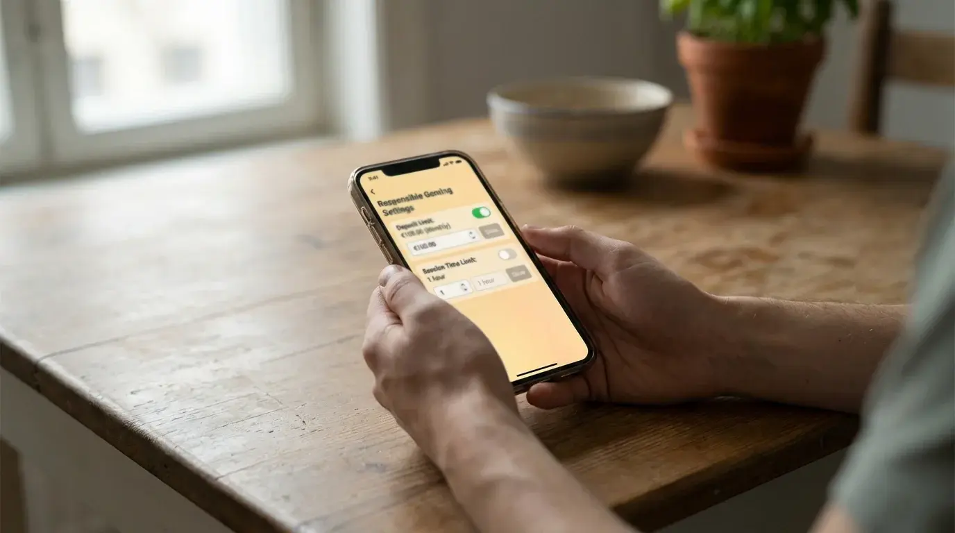 Person setting a deposit limit on a betting account displayed on a mobile phone screen