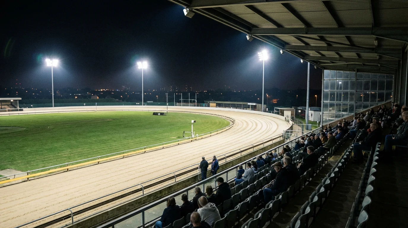 Romford greyhound stadium with floodlights illuminating the sand track on race night