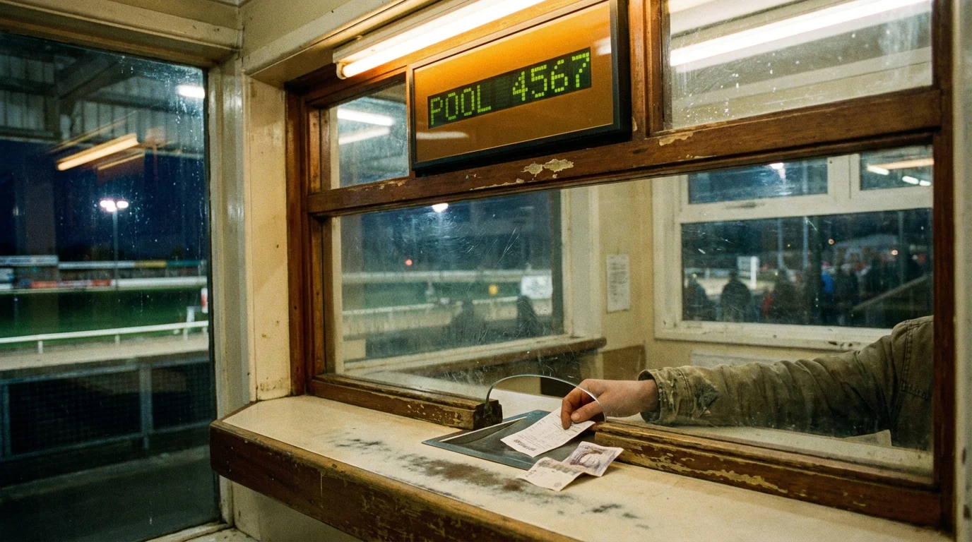 Tote pool betting window at a greyhound stadium with odds display
