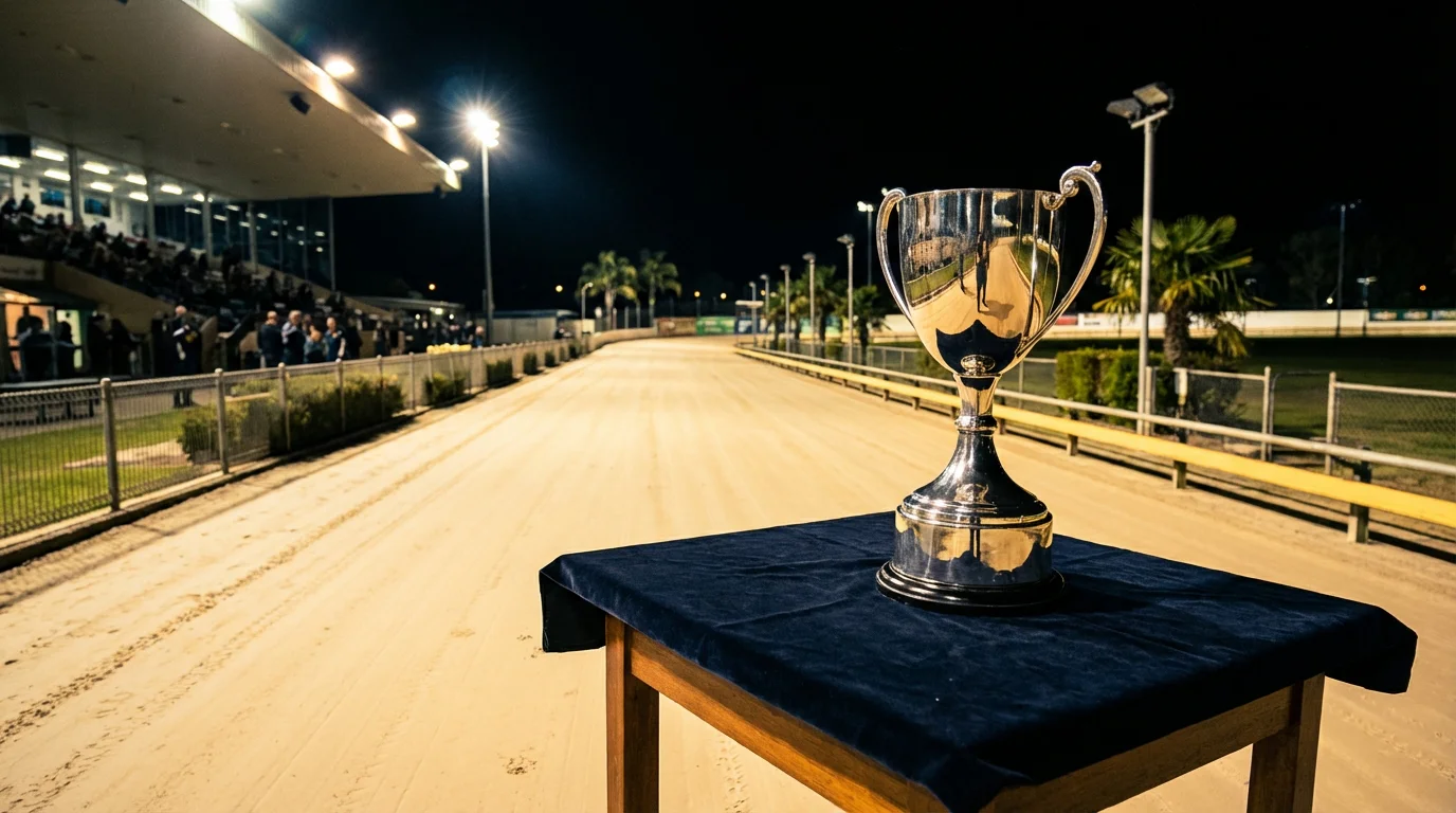 Greyhound Derby trophy beside a sand track with floodlights at a major UK racing event