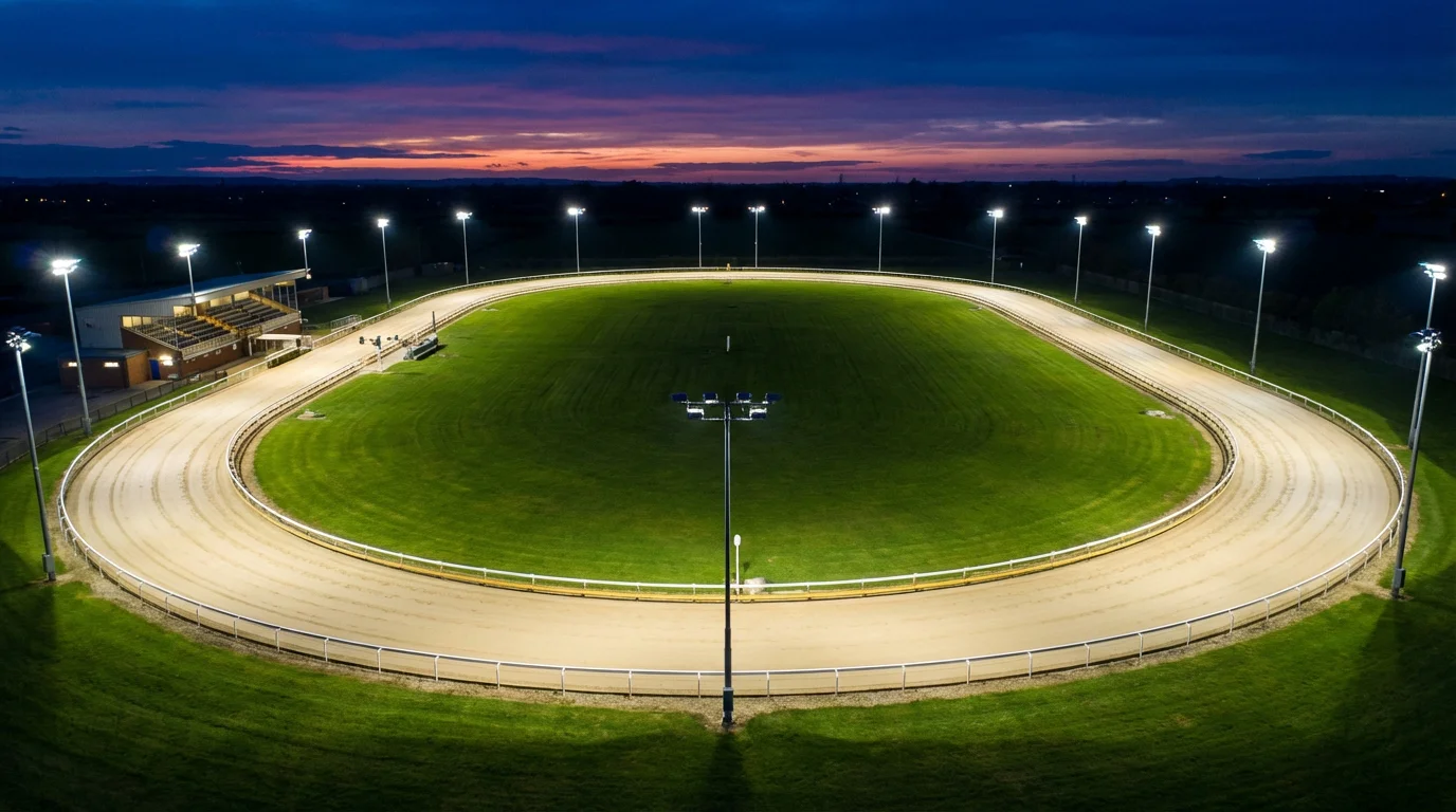 Aerial view of a UK greyhound racing stadium with floodlit oval track at dusk