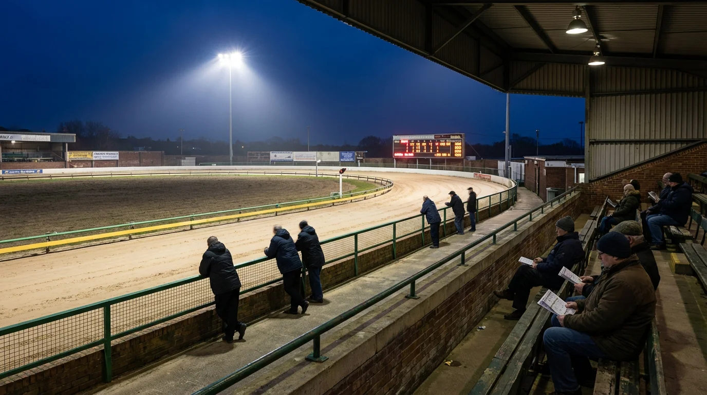 Evening greyhound racing meeting at Romford stadium with floodlit sand track