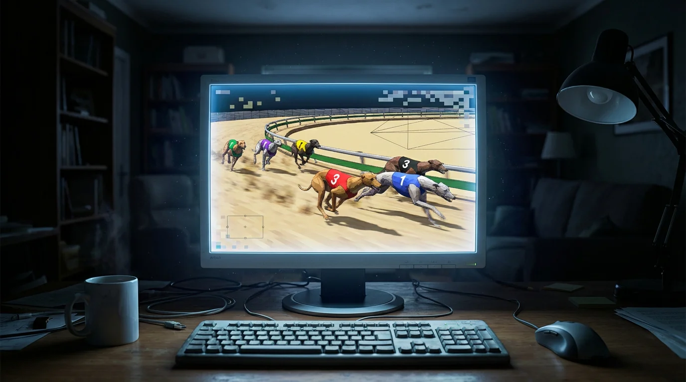 Computer screen displaying a virtual greyhound race with animated dogs on a digital track